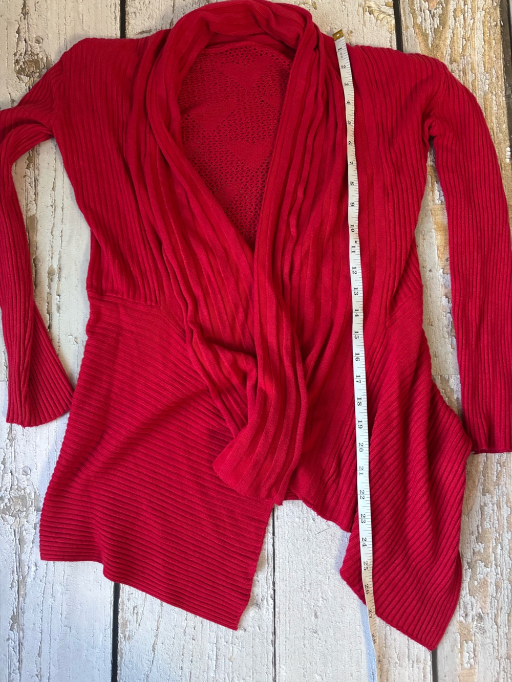 Open-Front Red Ribbed Draped Cardigan Sweater - Picture 3 of 5